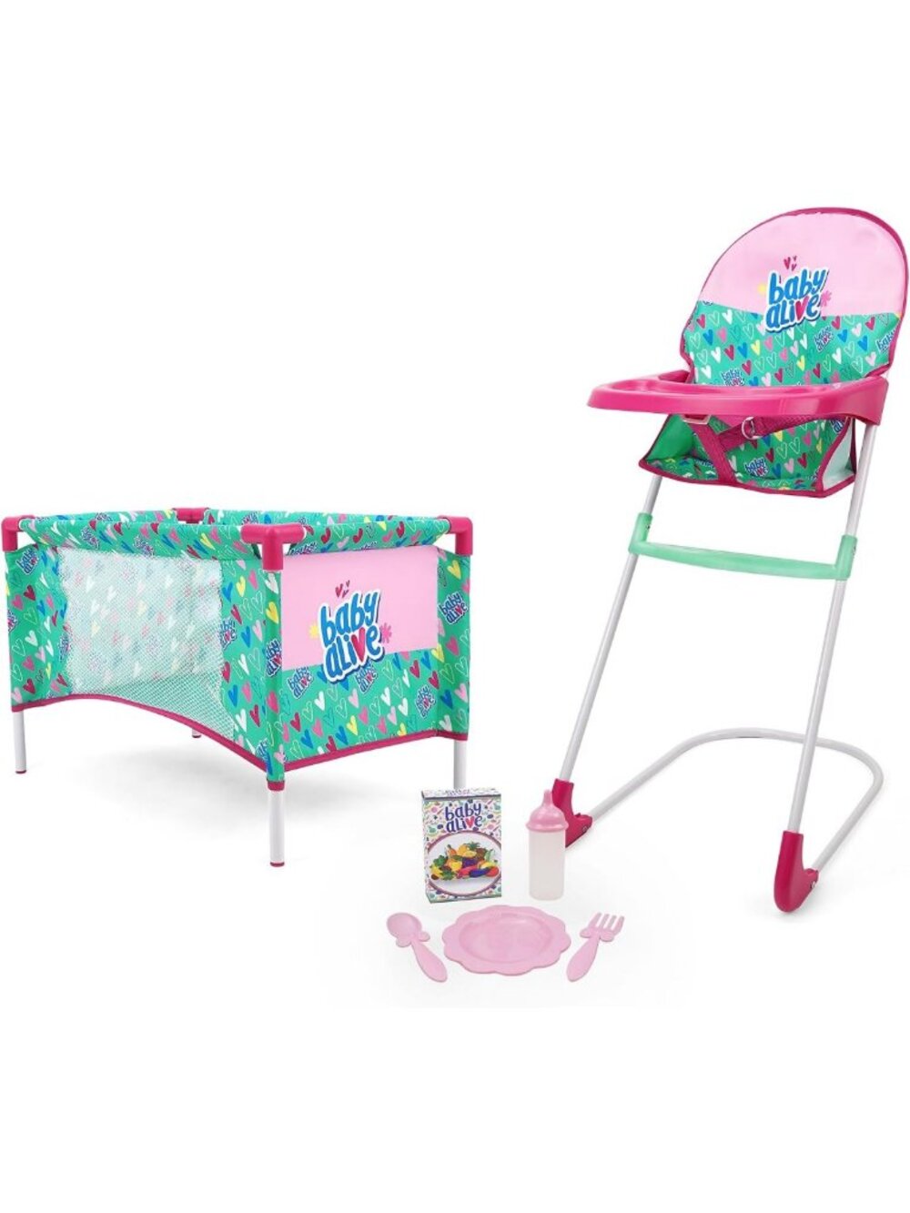 7-Piece Baby Doll Playset - Play Yard, Highchair & Feeding Accessories - Ages 3